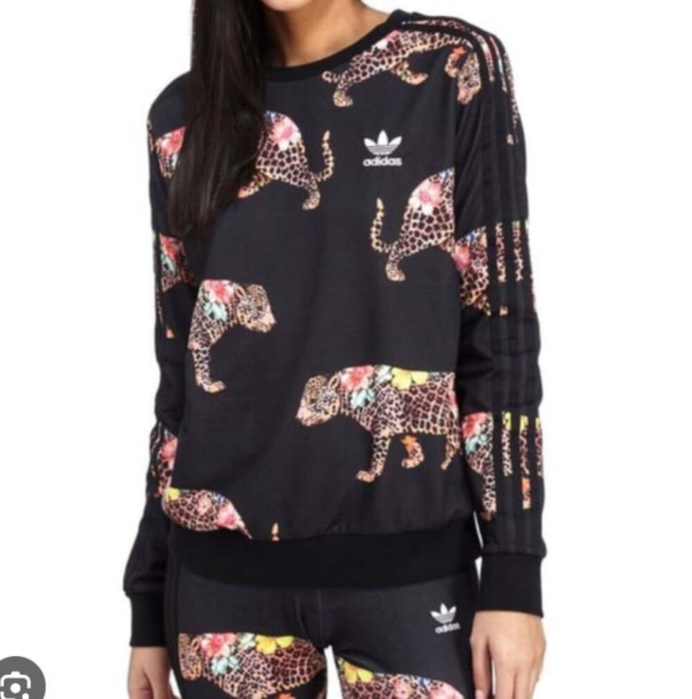 Adidas Farm Rio Oncada Sweatshirt Womens XS Black Leopard Floral Graphic Pullove